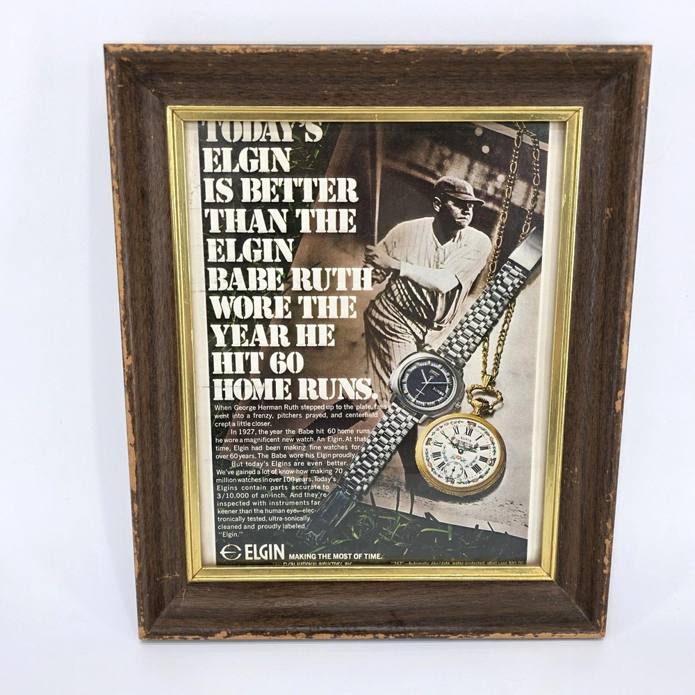 Vintage Framed Wall Art Babe Ruth Elgin Watch Magazine Ad Advertisement Man Cave